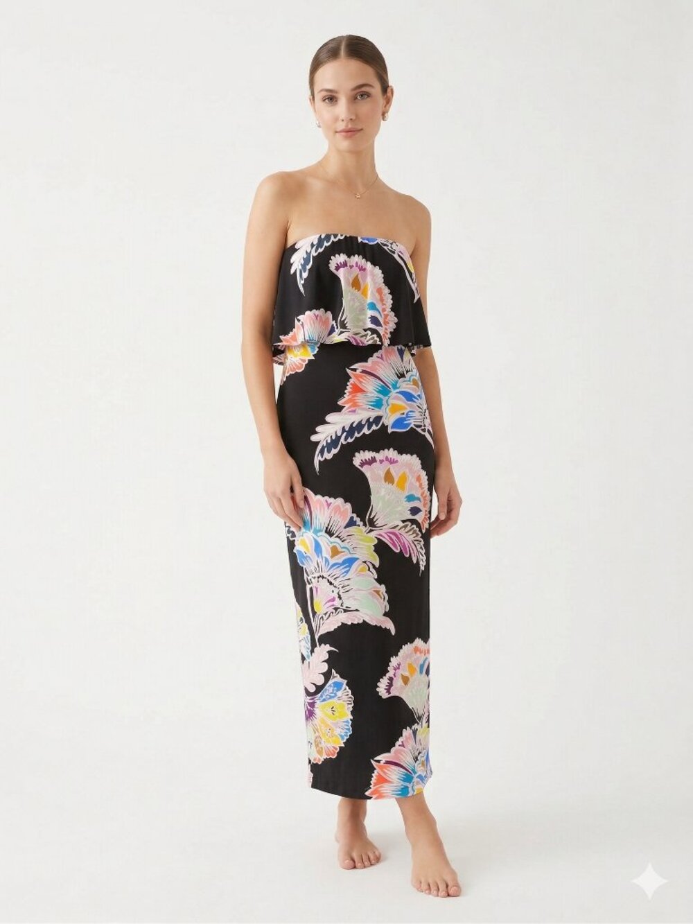Trina Turk Dress Black Maxi Floral Beach Strapless L FLAW